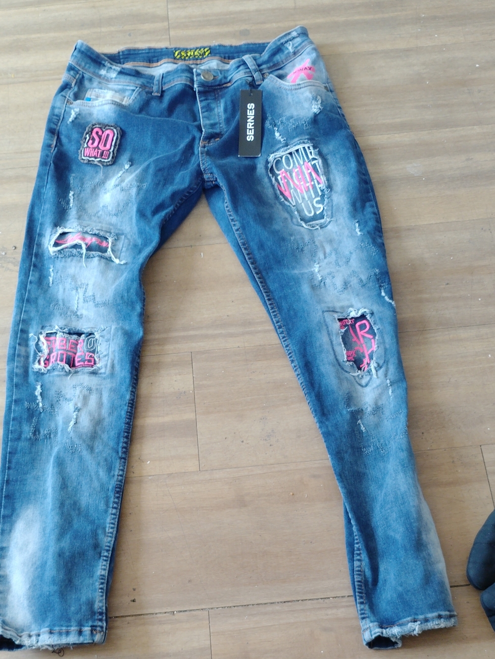 Cyber Punk Blue/Pink Patch Jeans Size 36 New With Tags